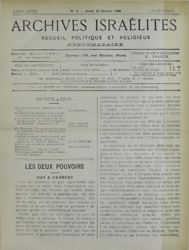 Archives israélites de France. Vol.67 N°03 (18 janv. 1906)
